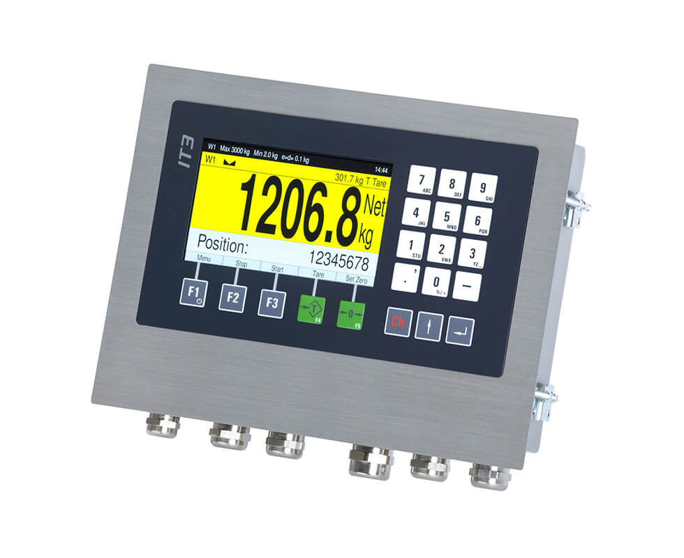 Panel-mount industrial weighing terminal.